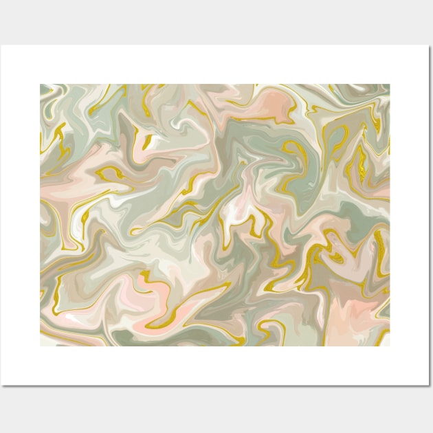 Silver Sage with Gold Silk Marble - Light Sage Green, Peach, and Off White Liquid Paint Pattern Wall Art by GenAumonier